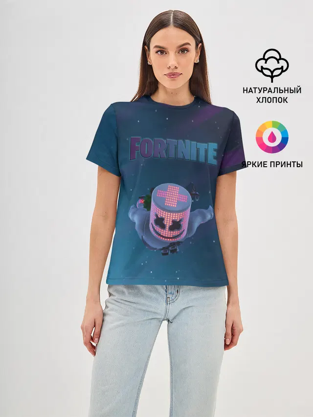 Женская базовая футболка с принтом «Фортнайт — Fortnite x Marshmello»