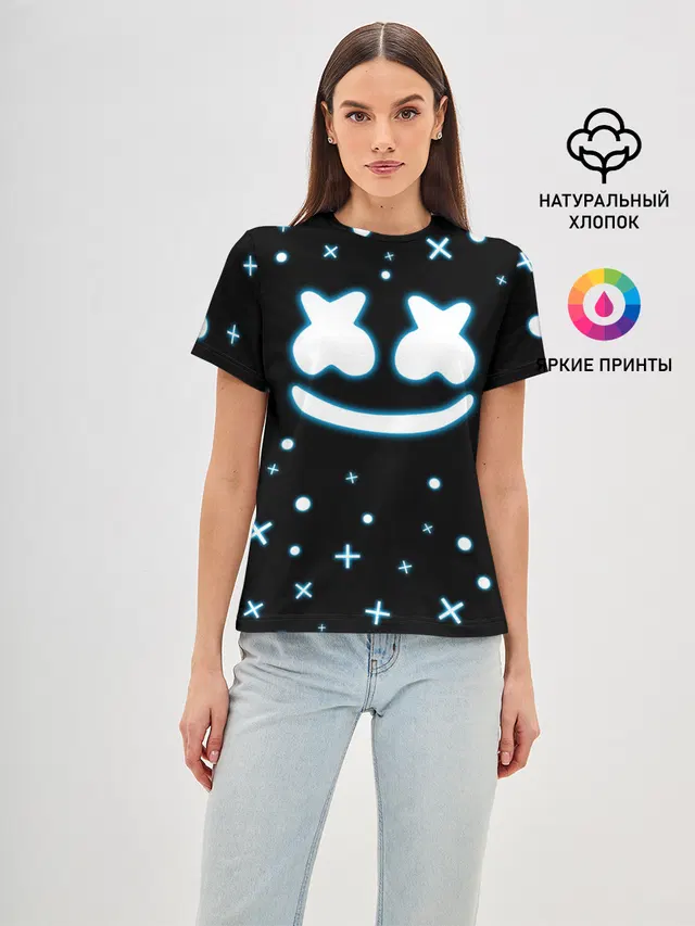 Женская базовая футболка с принтом «Marshmello Neon»