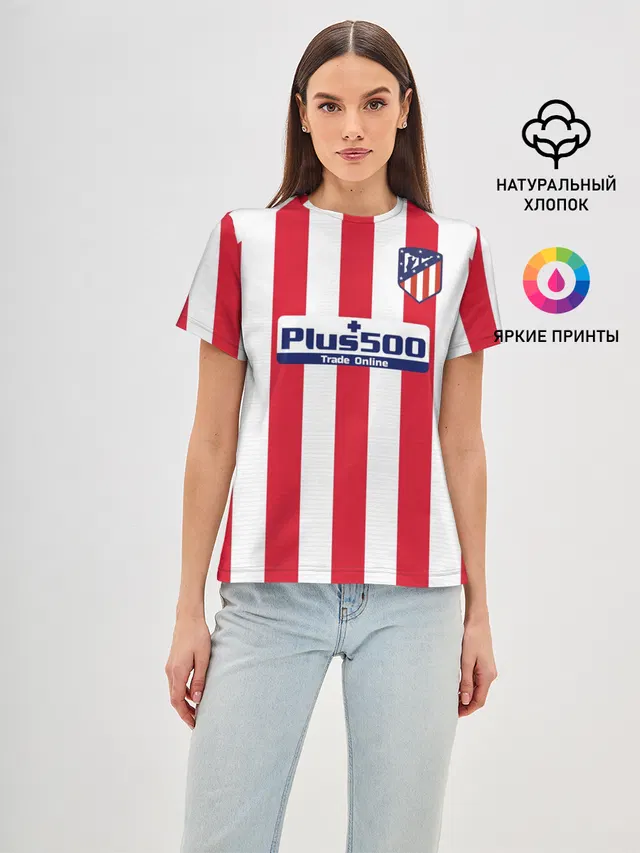 Женская базовая футболка с принтом «Atletico Madrid — Joao Felix home 19-20»