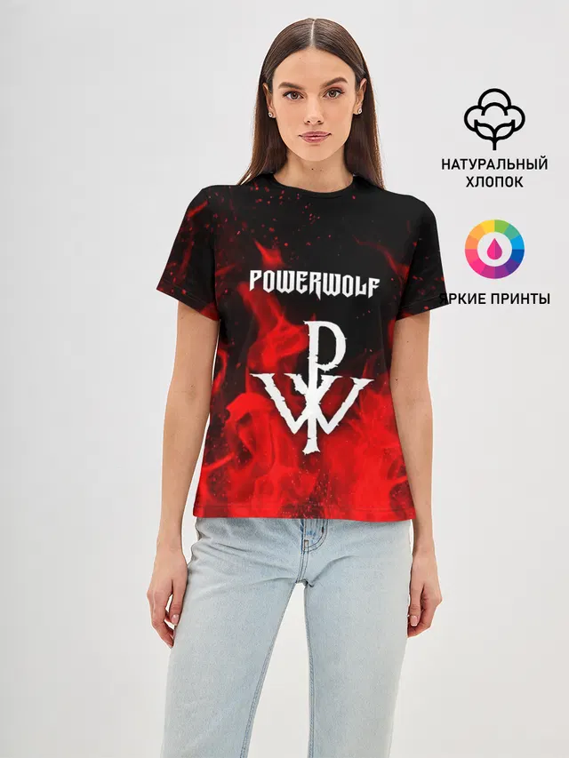 Женская базовая футболка с принтом «Разный рок — POWERWOLF»