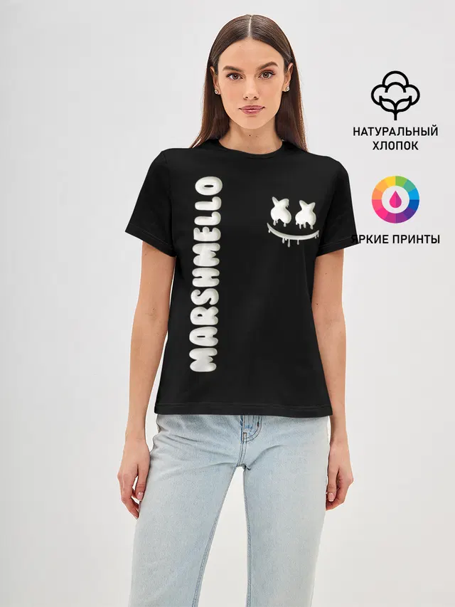 Женская базовая футболка с принтом «Marshmello — РЮКЗАК MARSHMELLO»