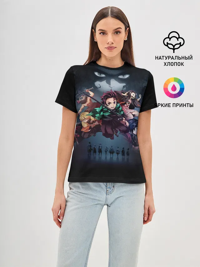 Женская базовая футболка с принтом «Kimetsu no Yaiba на черном»
