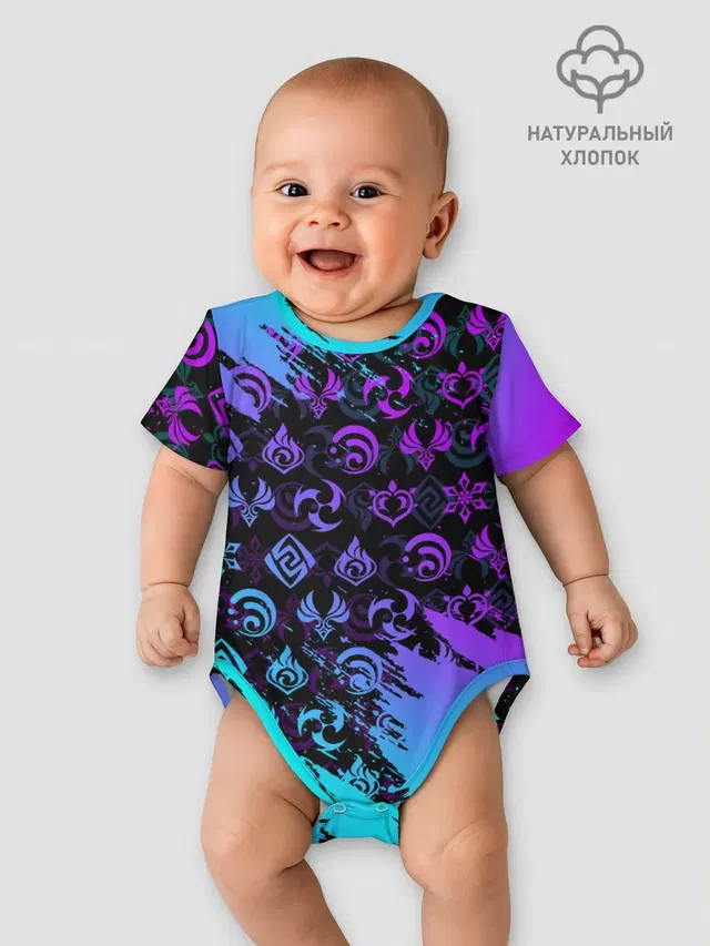 Детское боди с принтом «Геншин Импакт — GENSHIN NEON PATTERN SYMBOL — НЕОН ЭМБЛЕМЫ»