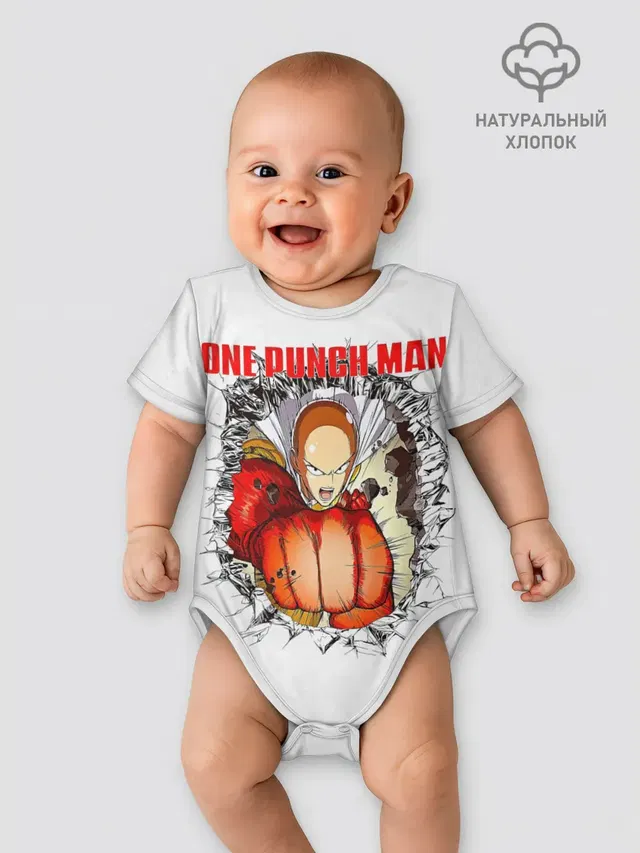 Детское боди с принтом «Ванпанчмен — Удар сквозь стену One Punch-Man»