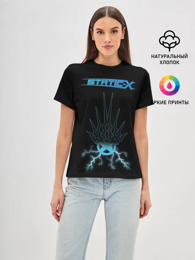 Женская базовая футболка с принтом «Разный рок — Static-X»