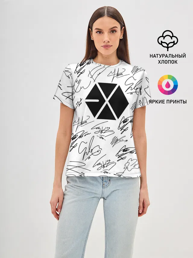 Женская базовая футболка с принтом «Exo — EXO BAND АВТОГРАФЫ»