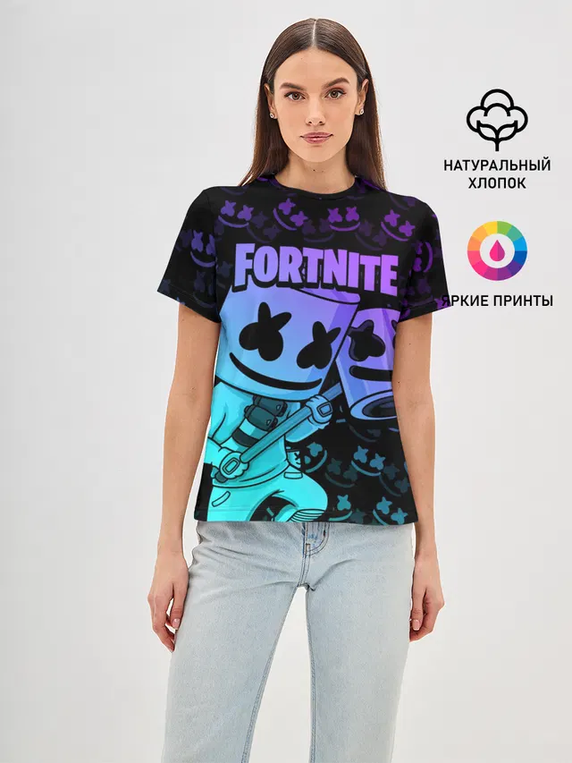 Женская базовая футболка с принтом «Фортнайт — FORTNITE MARSHMELLO»