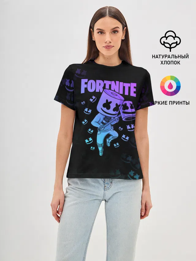 Женская базовая футболка с принтом «Фортнайт — FORTNITE MARSHMELLO»