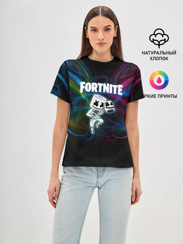 Женская базовая футболка с принтом «Фортнайт — Fortnite x Marshmallow.»