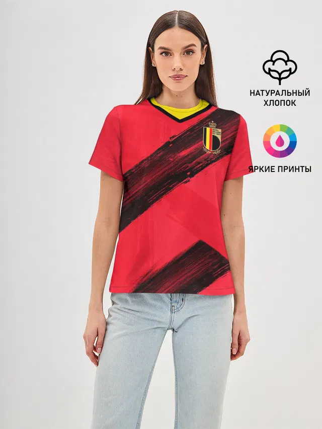 Женская базовая футболка с принтом «Сборная Бельгии — Belgium home EURO 2020»