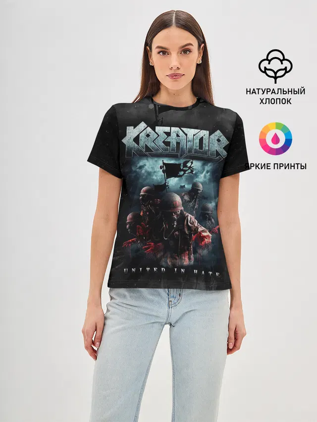 Женская базовая футболка с принтом «Разный рок — Kreator»