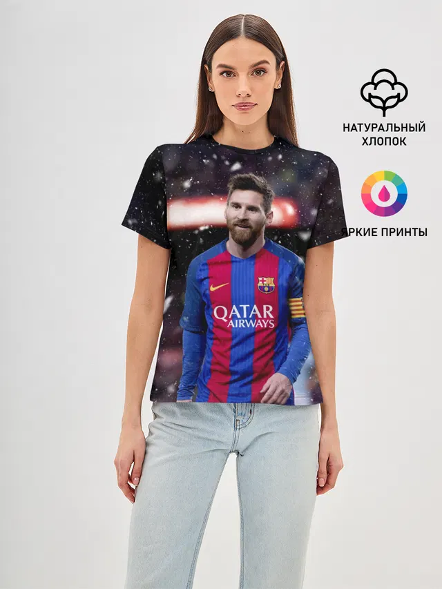 Женская базовая футболка с принтом «Барселона — Leo Messi»