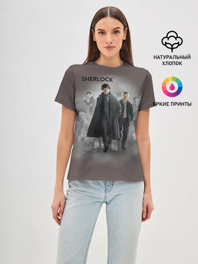 Женская базовая футболка с принтом «Шерлок Холмс — SHERLOCK — ШЕРЛОК»