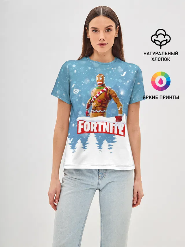 Женская базовая футболка с принтом «Фортнайт — Новогодний Fortnite»