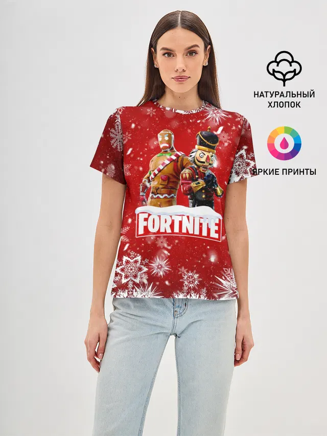 Женская базовая футболка с принтом «Фортнайт — Новогодний Fortnite»