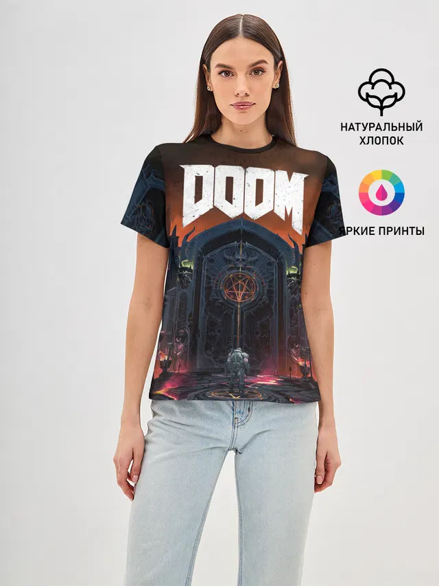Женская базовая футболка с принтом «Дум — DOOM - Hellgate»