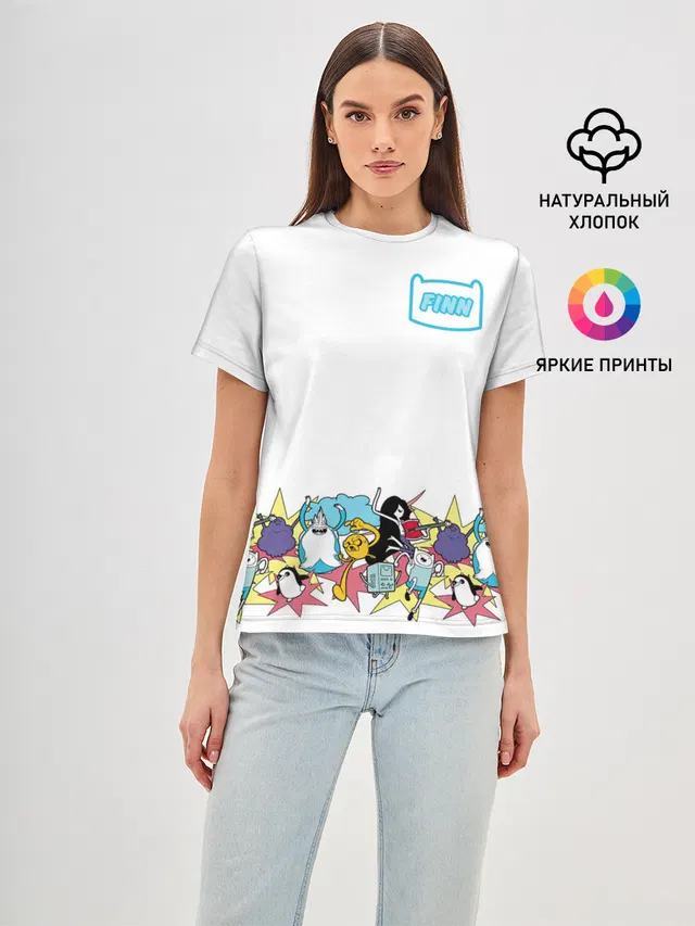 Женская базовая футболка с принтом «Время приключений — Finn Adventure Time»