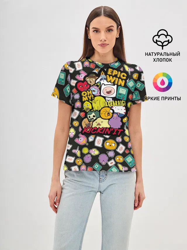 Женская базовая футболка с принтом «Время приключений — Adventure Time stickers»