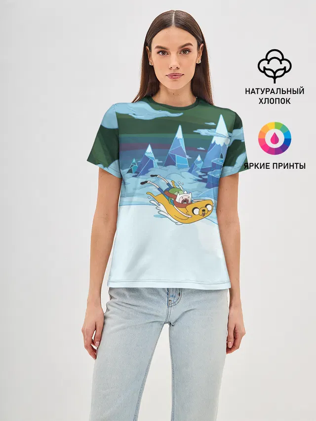 Женская базовая футболка с принтом «Время приключений — Finn on Jake»