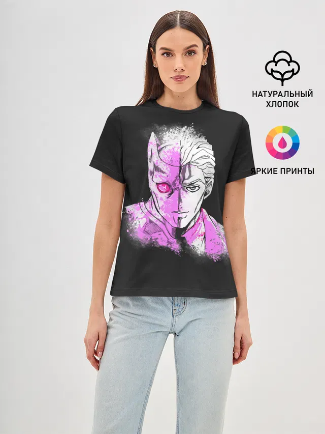 Женская базовая футболка с принтом «ДжоДжо — Kira & Killer Queen»