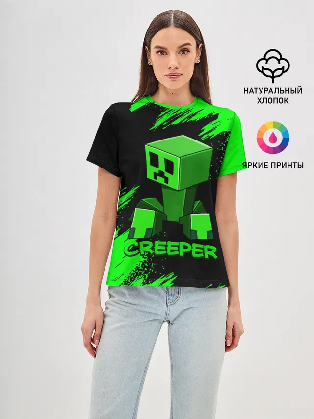 Женская базовая футболка с принтом «Майнкрафт — MINECRAFT CREEPER»