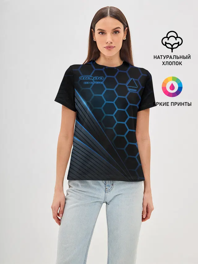 Женская базовая футболка с принтом «Hexagonal pattern — Detroit RK900»