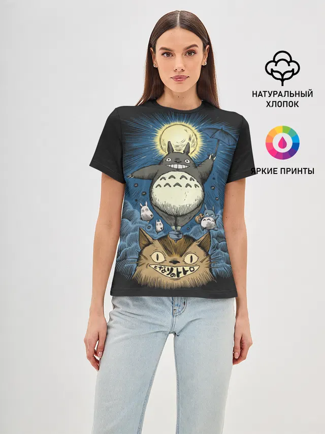 Женская базовая футболка с принтом «Тоторо — My Neighbor Totoro кот и заяц»