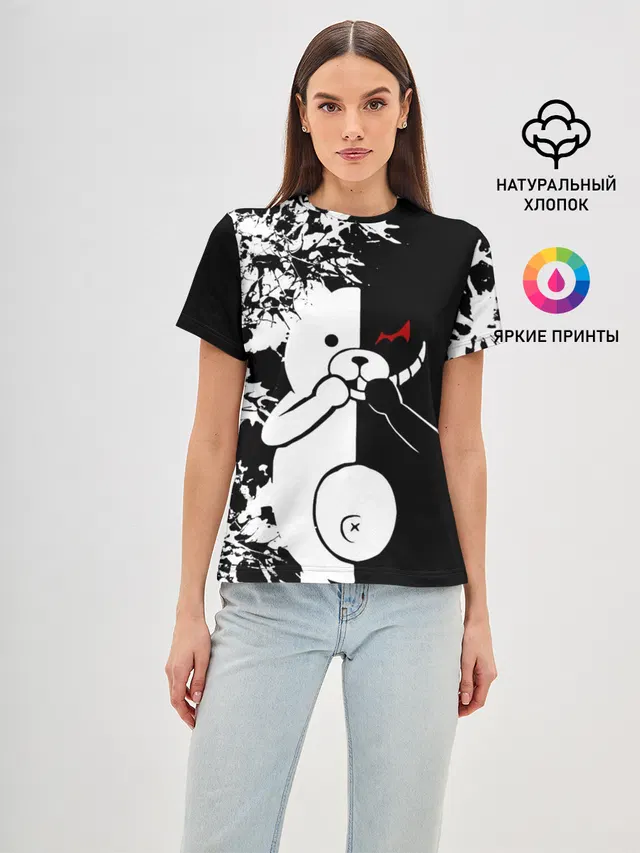 Женская базовая футболка с принтом «MONOKUMA держит руки»