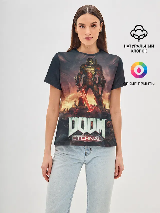 Женская базовая футболка с принтом «Дум — DOOM ETERNAL»