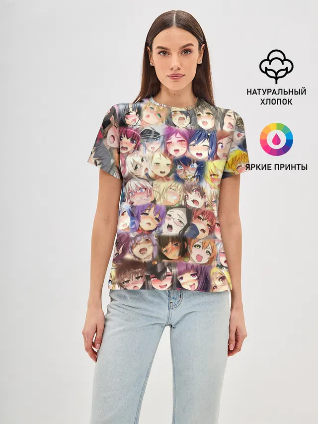 Женская базовая футболка с принтом «Ahegao — MANY FACES OF AHEGAO! color»