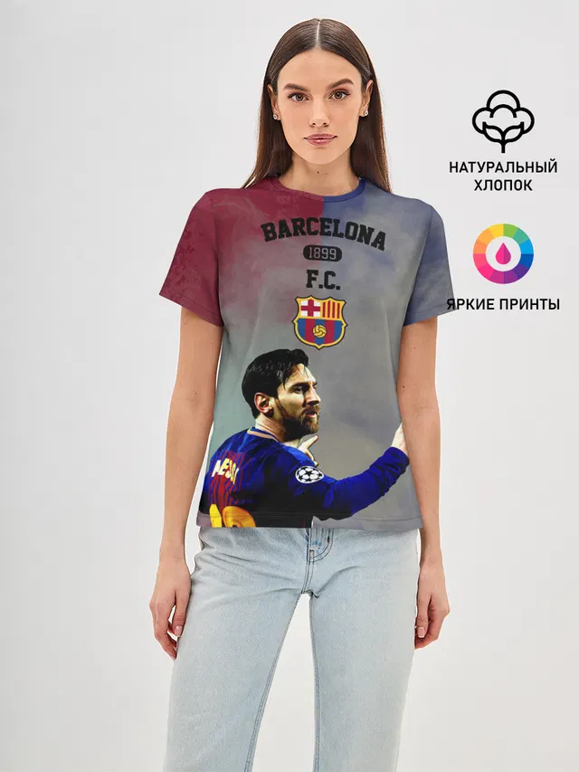 Женская базовая футболка с принтом «Барселона — Messi»