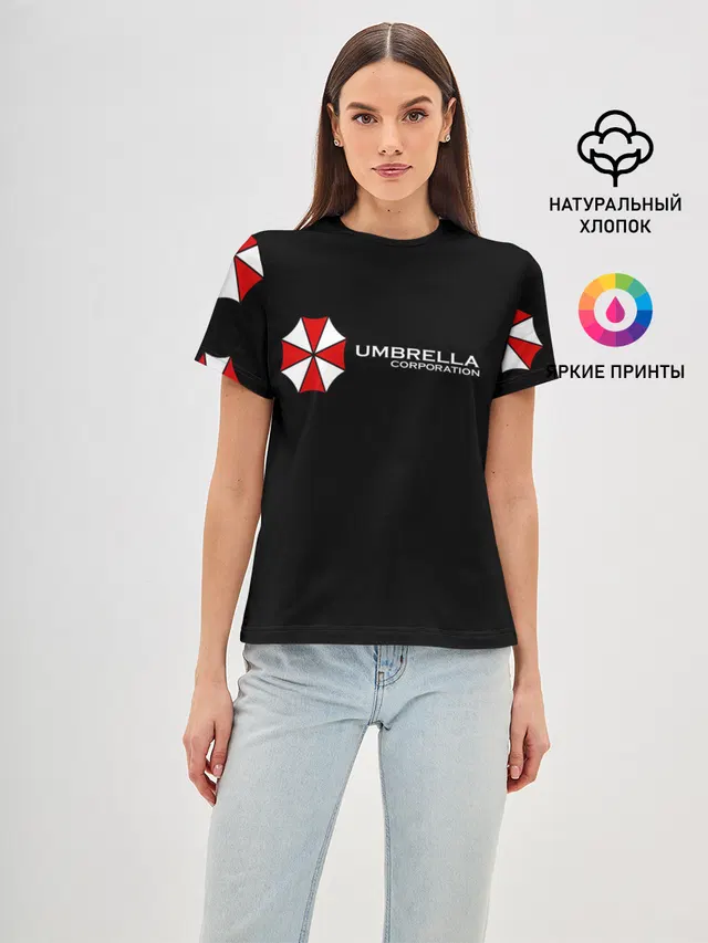 Женская базовая футболка с принтом «Корпорация Umbrella — Umbrella Corporation»