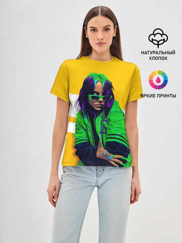 Женская базовая футболка с принтом «Billie Eilish — Green Eilish»