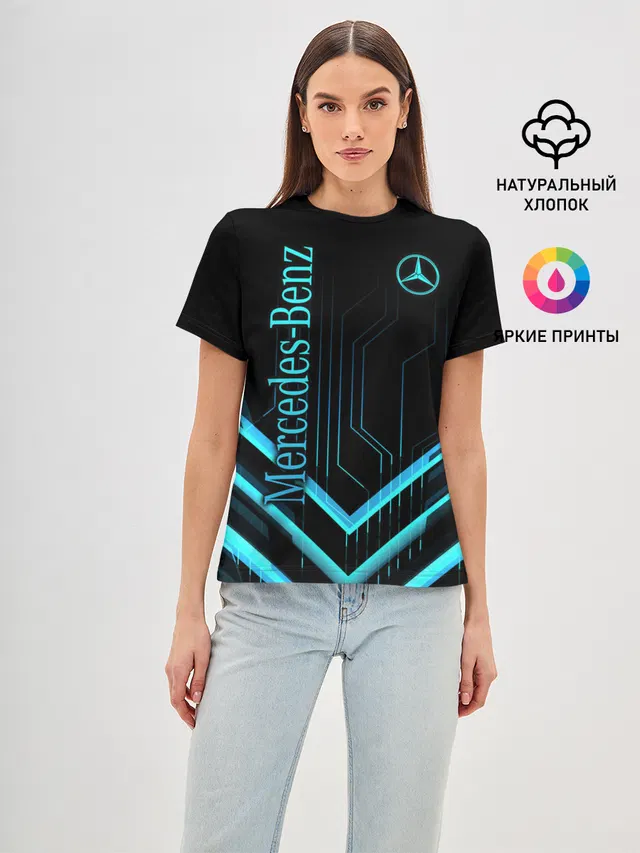 Женская базовая футболка с принтом «Merсedes — Mercedes-Benz»