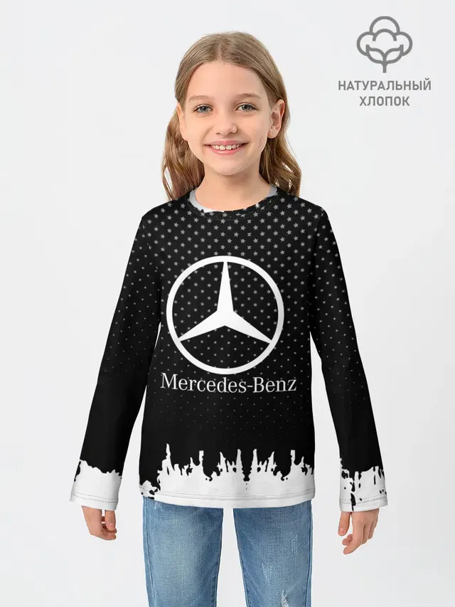 Детский лонгслив с принтом «Автомобильный логотип — Mercedes-Benz»
