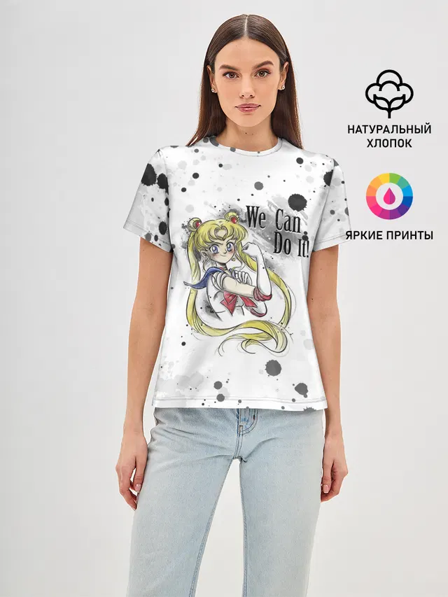 Женская базовая футболка с принтом «Sailor Moon — Sailor Moon. We can do it!»