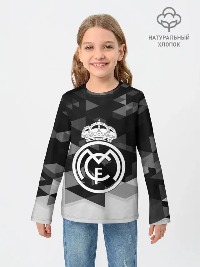 Детский лонгслив с принтом «Реал Мадрид — FC Real Madrid sport geometry»