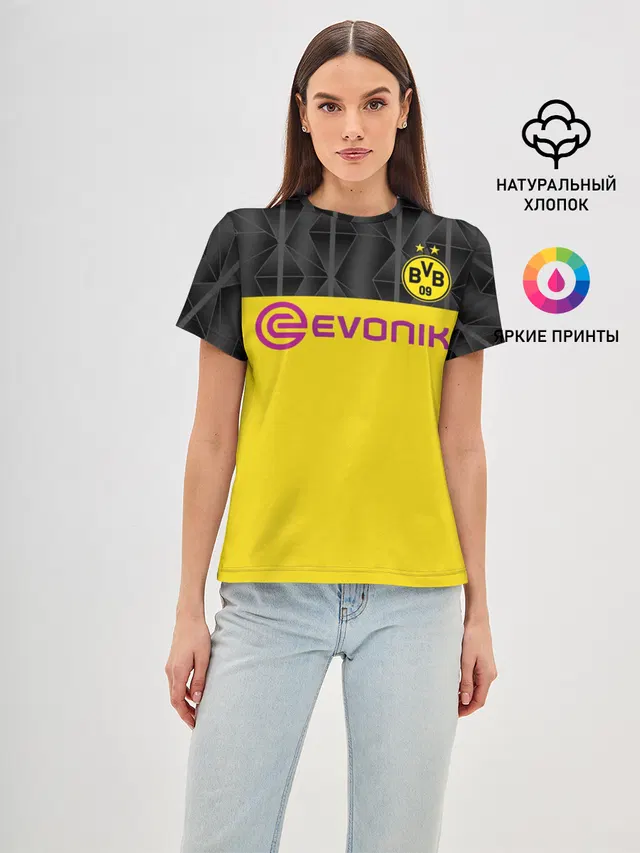 Женская базовая футболка с принтом «Reus home UEFA 19-20»