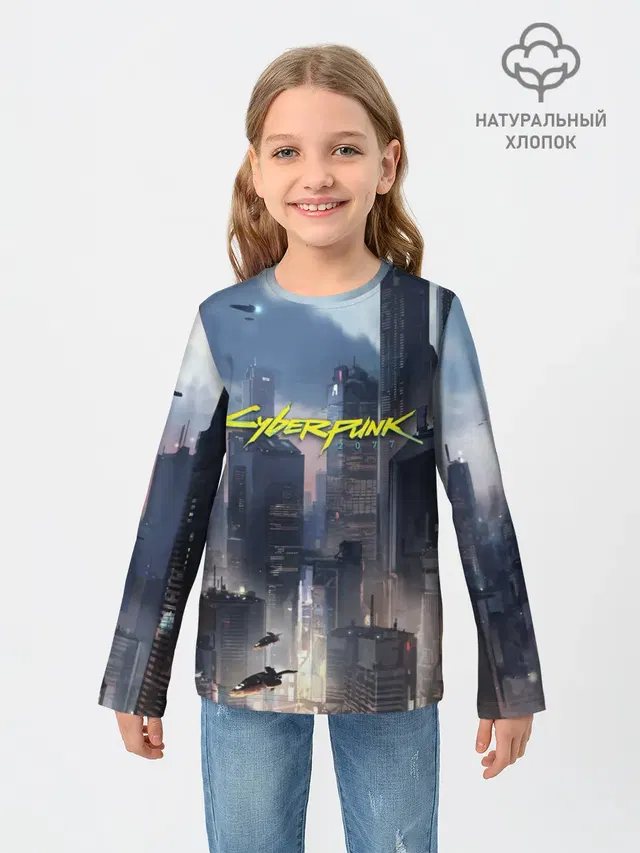 Детский лонгслив с принтом «Cyberpunk 2077 — Cyberpunk 2077 city»