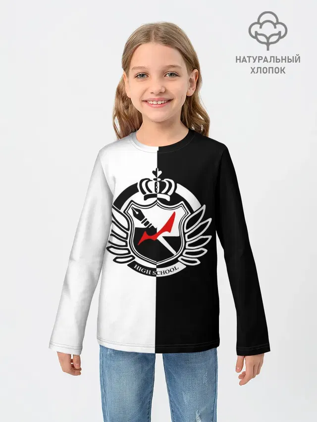 Детский лонгслив с принтом «MONOKUMA SCHOOL с фоном»