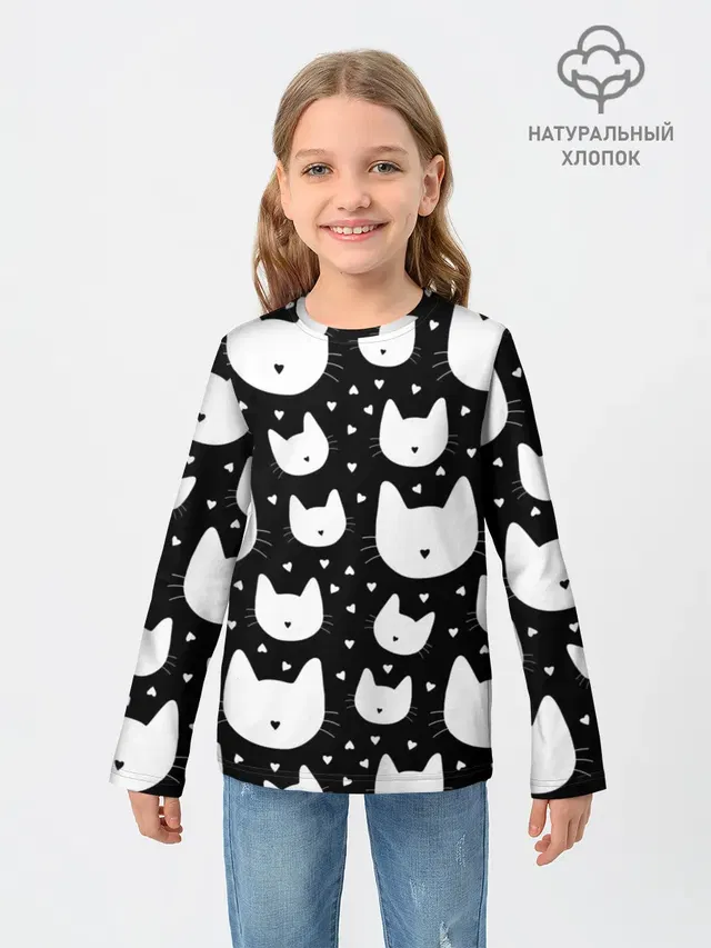 Детский лонгслив с принтом «Коты и кошки — Love Cats Pattern»