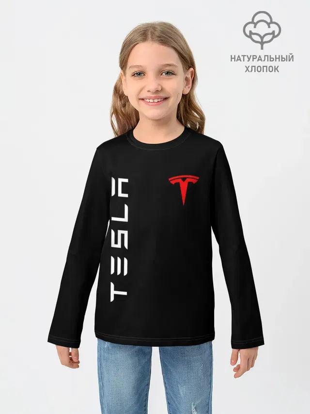 Детский лонгслив с принтом «Разные автомобильные — TESLA»