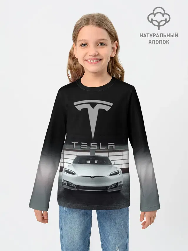 Детский лонгслив с принтом «Разные автомобильные — TESLA»