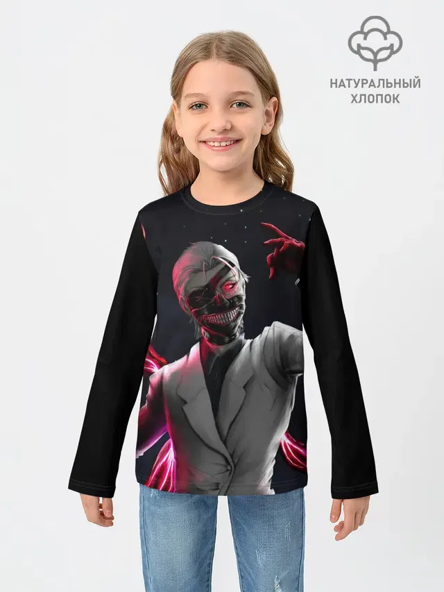 Детский лонгслив с принтом «Токийский Гуль — Ken Kaneki машет рукой»