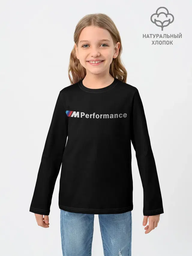 Детский лонгслив с принтом «BMW — BMW PERFORMANCE — ЧЁРНЫЙ БМВ»