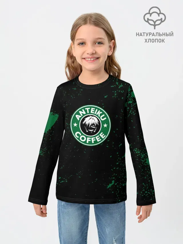 Детский лонгслив с принтом «Токийский Гуль — Anteiku coffee sturbucks»