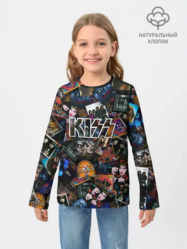 Детский лонгслив с принтом «Дискография KISS»