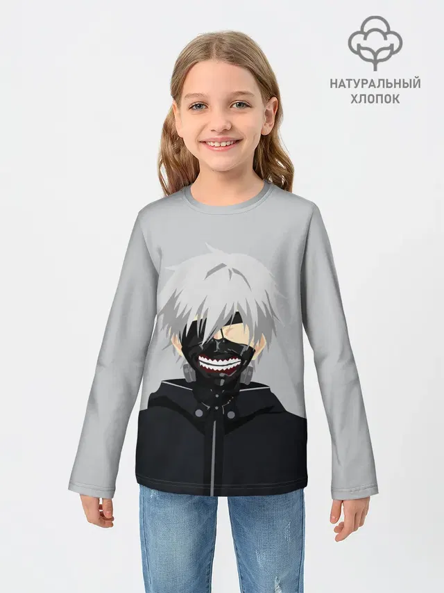 Детский лонгслив с принтом «Токийский Гуль — Kaneki Ken в маске»