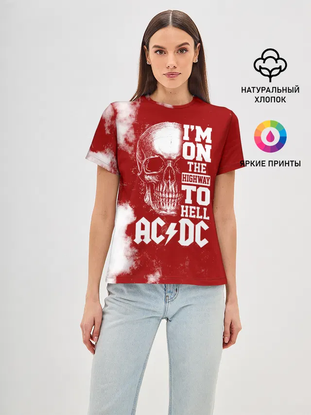 Женская базовая футболка с принтом «Human skull — Im on the highway to hell AC/DC»