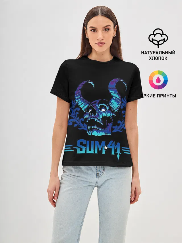 Женская базовая футболка с принтом «Sum41 — Horned skull»